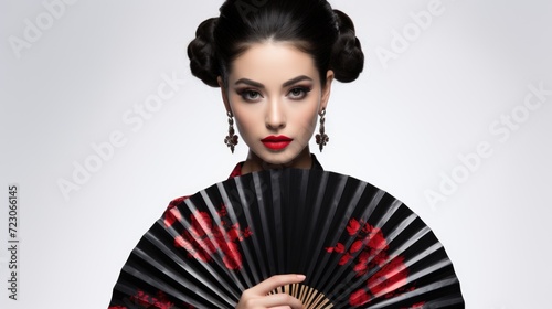 Beautiful geisha in black kimono with a hand fan. Generative ai
