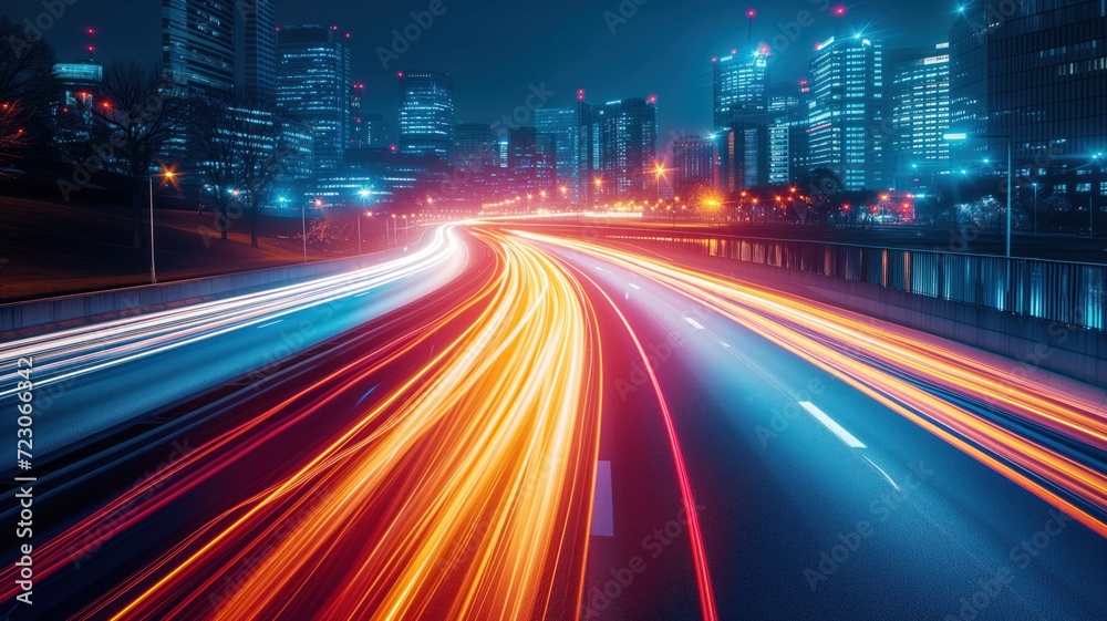 the energy of a nighttime city using a slow shutter speed, showing the light trails of car traffic on a busy highway contrasting with the static cityscape in the background