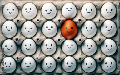 carton of eggs, with one egg of a different color, with hand-drawn faces expressing acceptance and unity. Individuality, racial discrimination or Easter concept