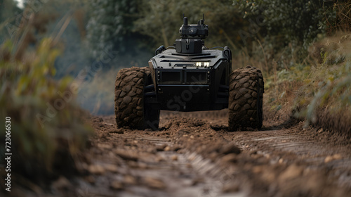 Modern military offroad vehicle on dirt road in the countryside