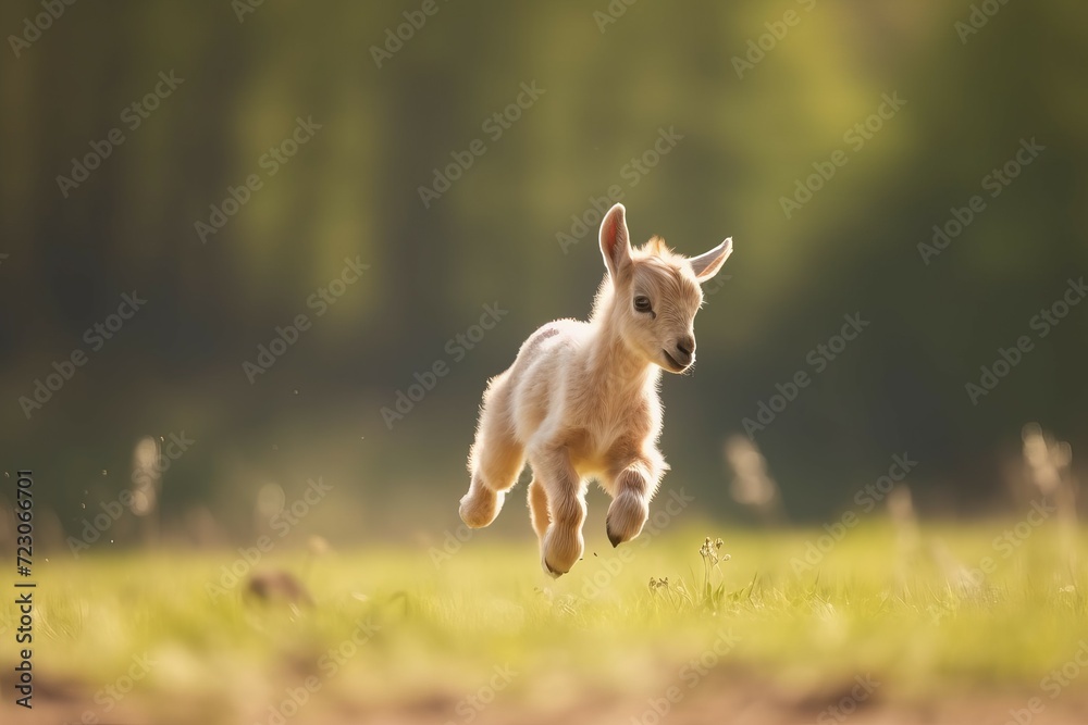 Jumping baby goat in field. Little happy farming goat kid playing on ...