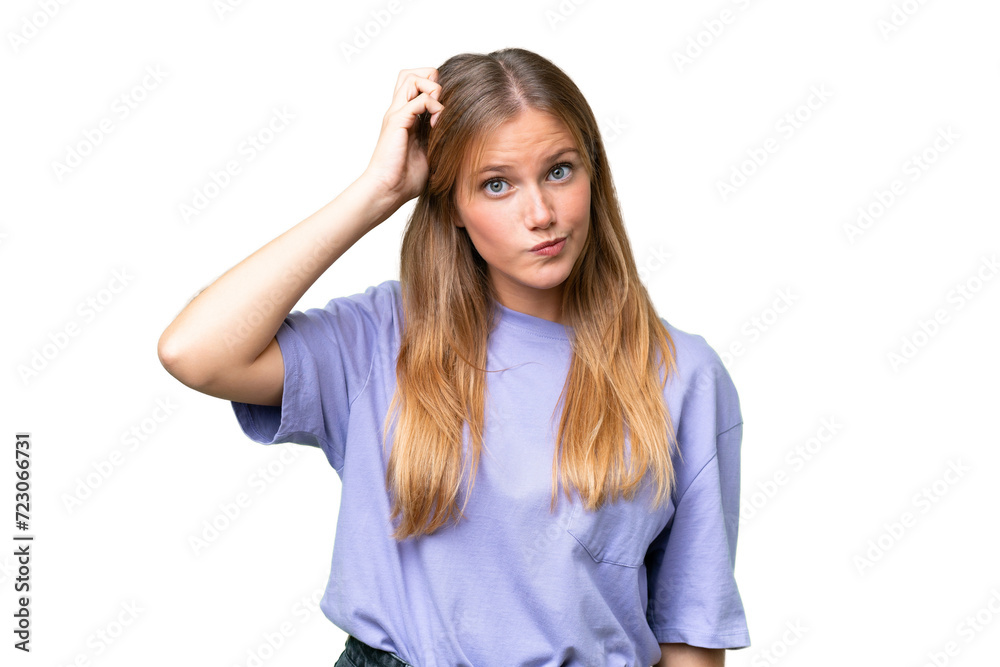 Young beautiful woman over isolated background with an expression of frustration and not understanding Young beautiful woman over isolated background with an expression of frustration and not understanding