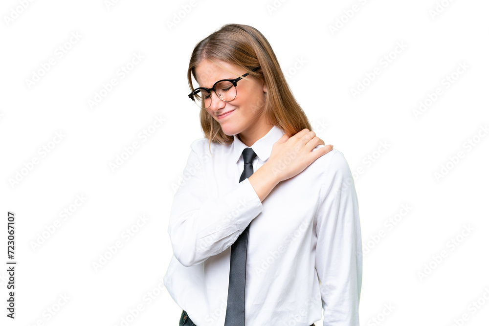 Young business caucasian woman over isolated background suffering from pain in shoulder for having made an effort Young business caucasian woman over isolated background suffering from pain in shoulder for having made an effort