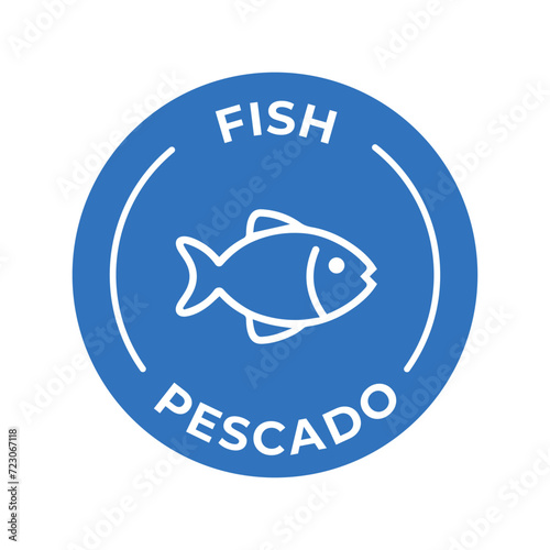 Isolated Vector Logo Badge Ingredient Warning Label. Colorful Allergens icons. Food Intolerance Fish. Written in Spanish and English