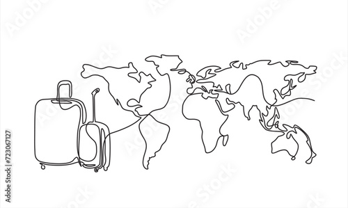 Suitcase and world map in one continuous line drawing. Vacation with luggage and travel baggage concept in simple linear style. Trip and journey banner. Doodle outline vector illustration