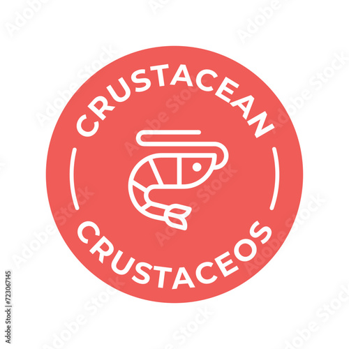 Isolated Vector Logo Badge Ingredient Warning Label. Colorful Allergens icons. Food Intolerance Crustacean. Written in Spanish and English