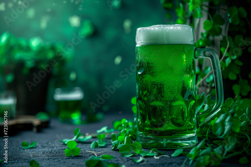 Green beer pint on dark green background, decorated with shamrock leaves with copy space. Traditional St. Patrick`s Day. Irish festival