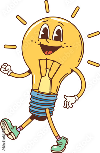 Cartoon groovy light bulb character with happy face, vector comic funky or hippie art. Funny smiling groovy lamp in hipster style walking in sneakers for kids personage and retro t-shirt print