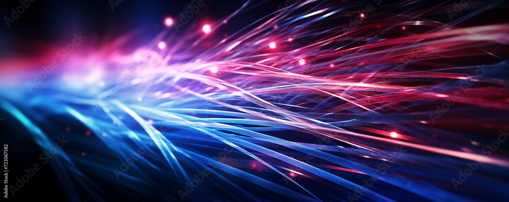 Close-up of optic fibers with dynamic blue and red light bokeh in the background - obrazy, fototapety, plakaty 