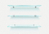 Realistic empty glass shelf. Isolated 3d vector shelves with transparent surfaces offer a minimalist look, creating a sleek and uncluttered space for display or storage for goods, items and production