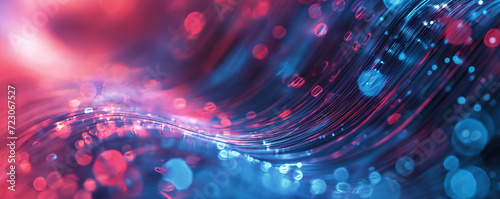 Macro shot of fiber optic cables with a vibrant interplay of blue and red light bokeh photo