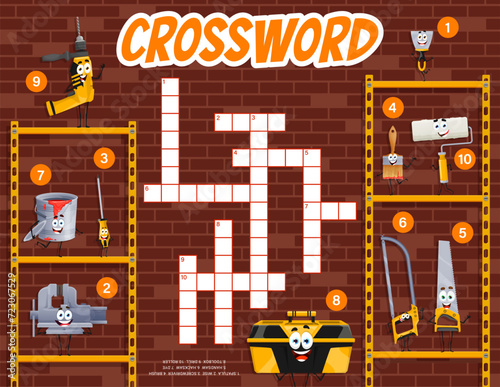 Crossword quiz game grid, cartoon DIY and repair tool characters, vector worksheet. Kids crossword game to guess words of funny tools for carpentry and woodworking, drill and paintbrush and spatula