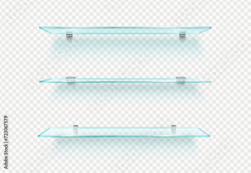 Realistic empty glass shelf. Isolated 3d vector shelves with transparent surfaces offer a minimalist look, creating a sleek and uncluttered space for display or storage for goods, items and production