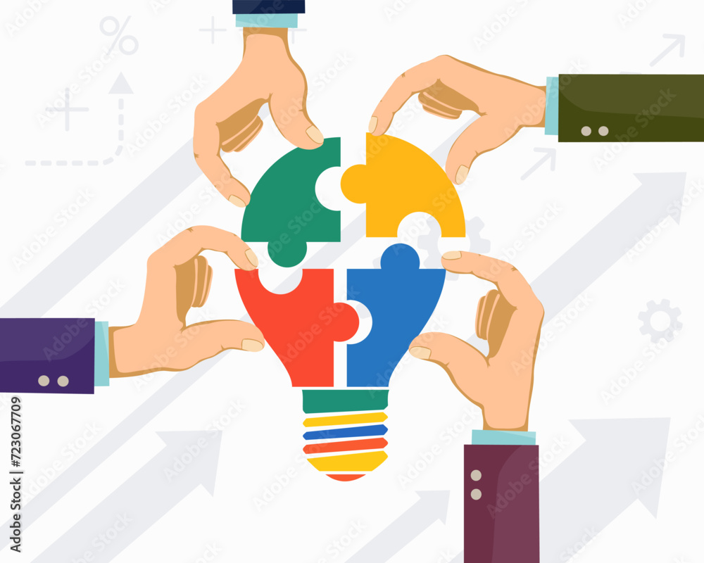 Light bulb puzzle and the hands of businessmen. Creative teamwork. Stock vector illustration Light bulb puzzle and the hands of businessmen. Creative teamwork. Stock vector illustration