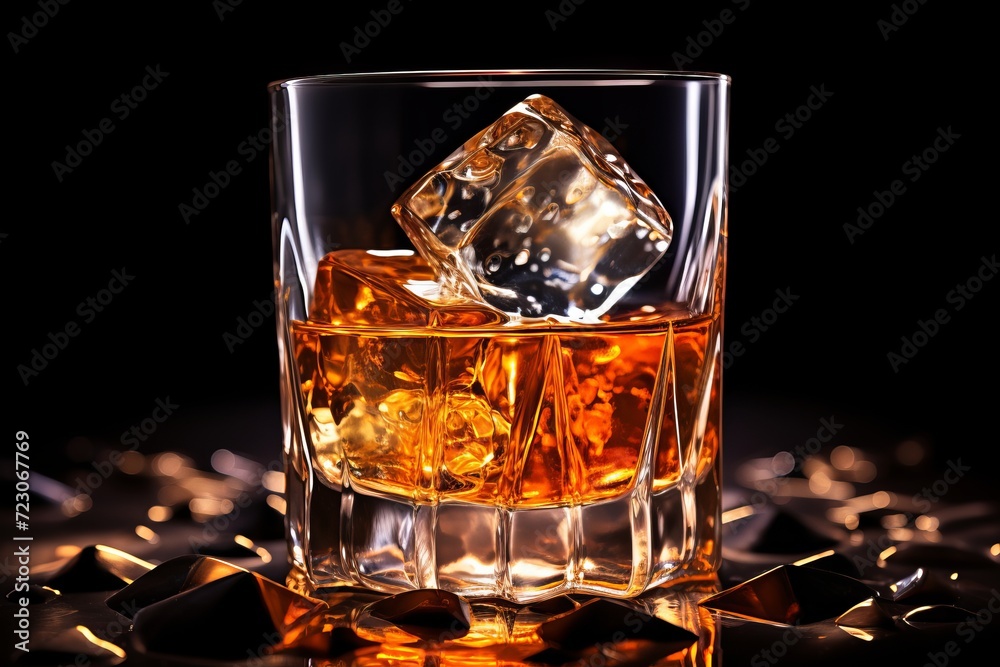 Crystal clear glass of whiskey adorned with glistening ice cubes on rich amber backdrop
