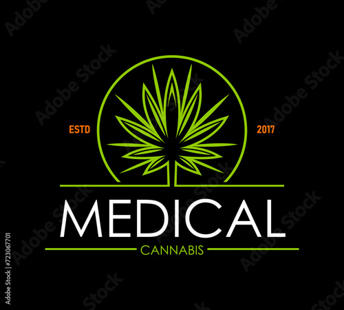 Cannabis, medical marijuana icon of CBD medicine weed leaf, vector symbol. Pharmaceutical drug shop label with green cannabis sativa plant leaf in circle, CBD therapy and medical marijuana treatment
