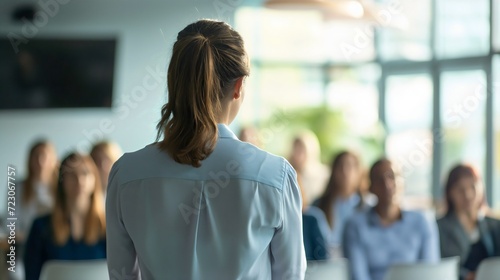Rearview photography of a female business presentation speaker, woman holding an educational speech to workers meeting in the office room interior. Group of people listening to a businesswoman photo
