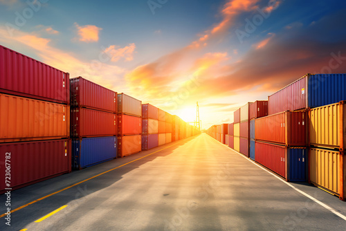 Wallpaper Mural Dramatic Sunset Over Industrial Shipping Container Yard, Global Trade and Transport Hub. International Logistics Concept Torontodigital.ca