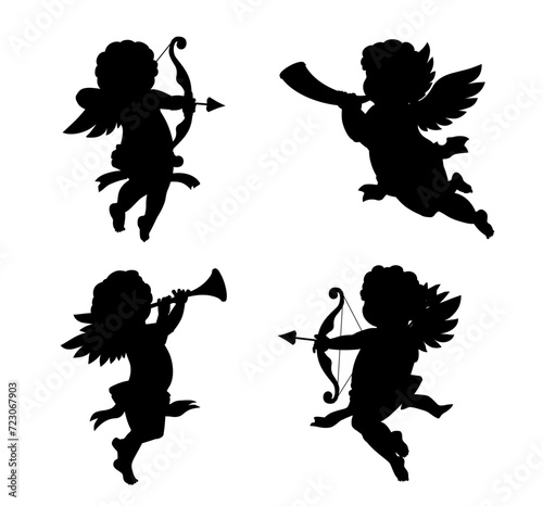 Cherub cupid silhouettes, angels with love arrows and bows or blowing horns, vector icons. Valentine day cupids or cherubim baby angles flying in wings for vintage retro cherub silhouettes photo