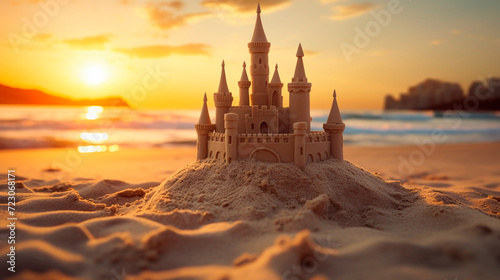 Sand castle on the beach at sunset time. Travel and vacation concept. © Kateryna