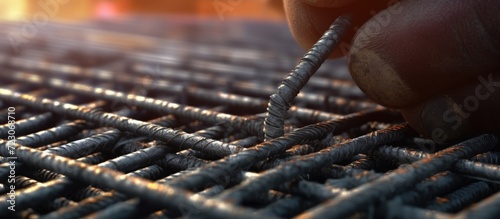 Close-up of the hands of a worker installing a metal fence photo