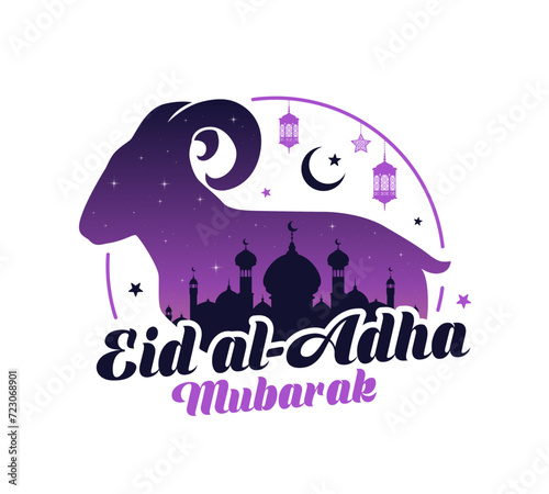 Eid Al Adha Arabian holiday banner with Arabian lanterns, Muslim mosque and sacrificial sheep, vector background. Islam religious Eid al-Adha or Feast of Sacrifice with lamb and crescent moon