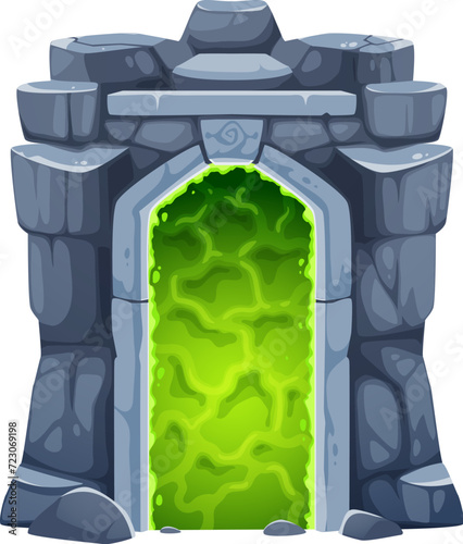 Fantasy game magic portal door or gate in stone rock arch, cartoon vector. Green energy plasma of portal door or parallel world entrance for time and space teleport, magic doorway portal in cave