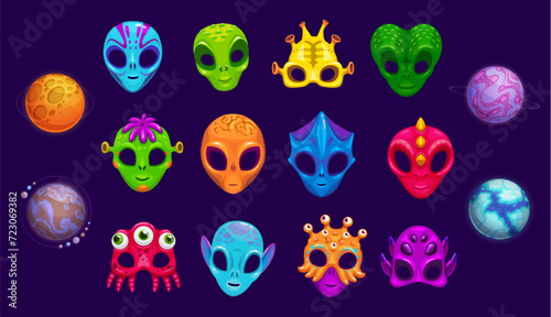 Space alien masks for photo booth and props of monster creatures, vector cartoon faces. Martian alien and humanoid mutants with reptile tentacles and suckers for galaxy photo booth masks photo