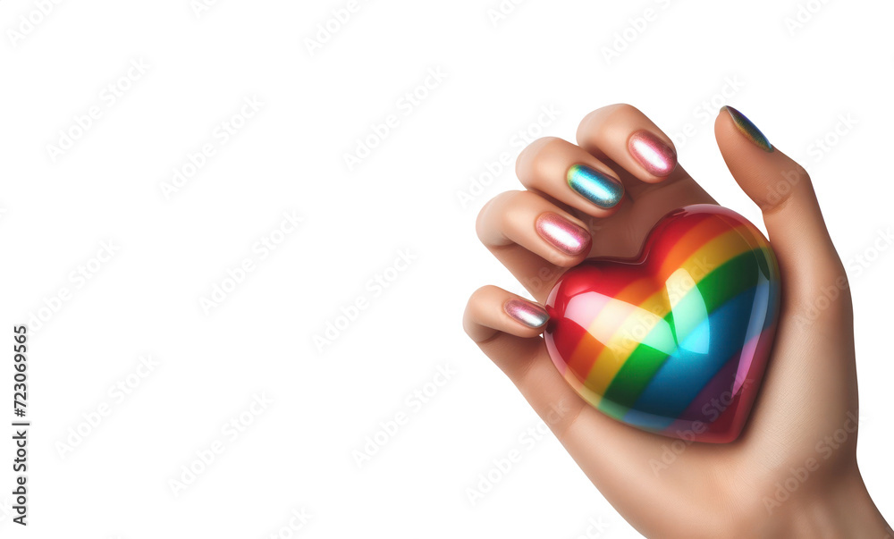 Lesbian Woman hand holding a rainbow heart. Diversity concept art. Heartfelt Diversity: Grasping Love's Rainbow, Symbolizing Unity and Inclusive Bonds on Valentine's Day. Lesbian Woman hand holding a rainbow heart. Diversity concept art. Heartfelt Diversity: Grasping Love's Rainbow, Symbolizing Unity and Inclusive Bonds on Valentine's Day.