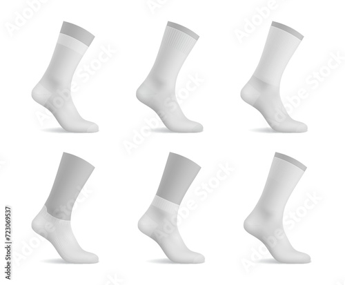 Realistic man socks, white mockup templates of foot wear textile, isolated vector. Blank white sport socks with elastic ankle, high long or middle low and short socks on mannequin foot mockup