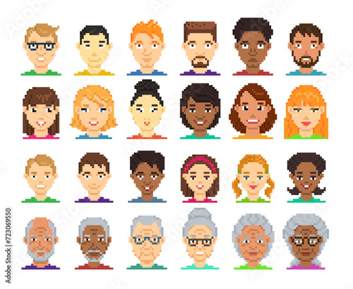 Avatar pixel characters, elderly seniors and kids, men and women, boys and girls, vector icons. 8bit people faces for game avatar, young man and old woman heads for user profile of family characters