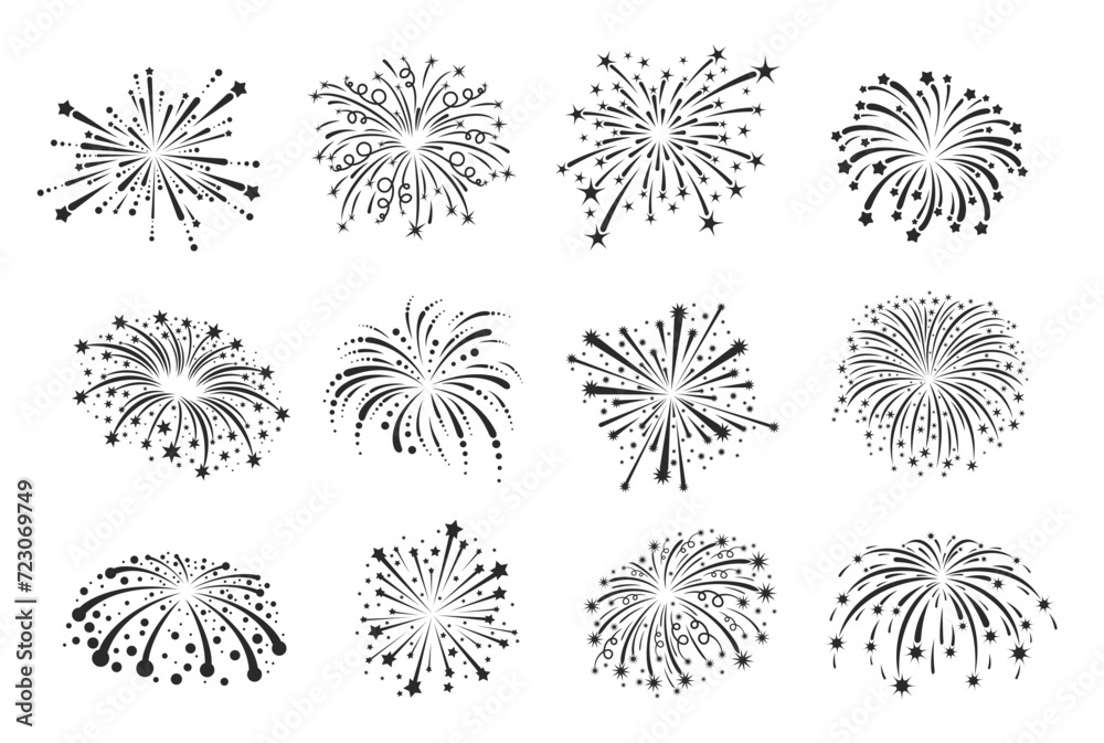 Obraz premium Firework silhouettes and carnival stars explosion for holiday celebration, vector icons. Christmas, New Year and birthday anniversary or festival party confetti popper explosion with star spark splash