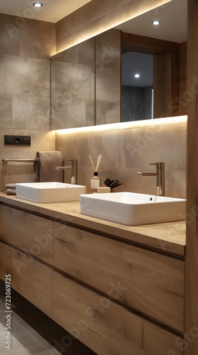 a bathroom with a large frameless mirror and soft LED lighting