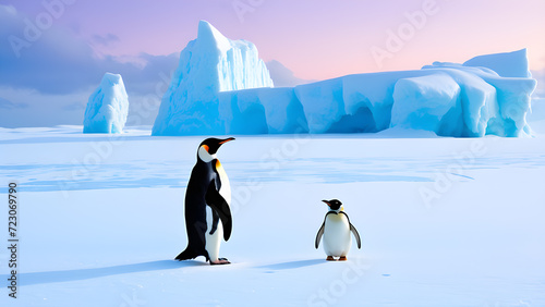 Penguin mother and cute baby penguin on winter landscape