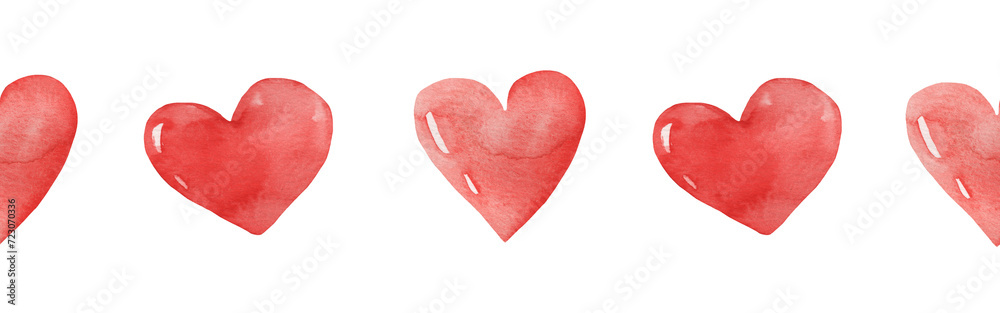 Watercolor central border template of colorful hearts of red shades on white background. Beautiful decorative elements in shape of hearts isolated on white backround.Valentine day