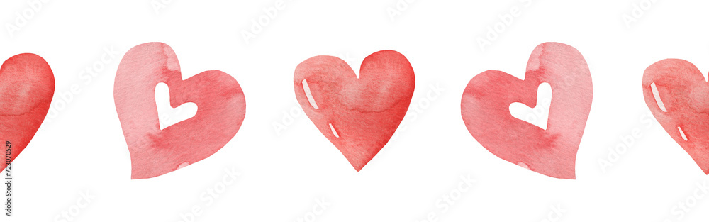 Watercolor central border template of colorful hearts of red shades on white background. Beautiful decorative elements in shape of hearts isolated on white backround.Valentine day