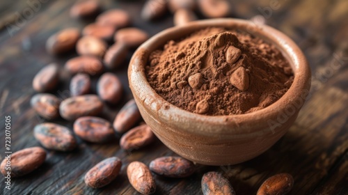 Food dark brown cocoa beans with chocolate powder in a bowl. AI generated image photo