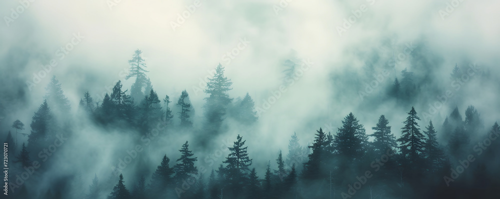 A misty mountain landscape with a forest of pine trees in a vintage retro style. The environment is portrayed with clouds and mist, creating a vintage and atmospheric imagery of a tree covered forest. A misty mountain landscape with a forest of pine trees in a vintage retro style. The environment is portrayed with clouds and mist, creating a vintage and atmospheric imagery of a tree covered forest.