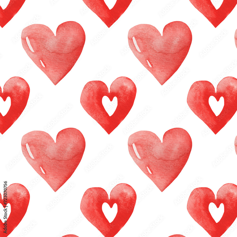 Watercolor pattern heart on white background. Beautiful decorative elements in shape of hearts isolated on white backround.Valentine day