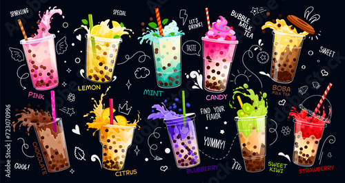 Cartoon milk bubble tea with splash for drinks bar menu, vector beverage cups in doodle chalk on blackboard. Milk bubble tea with fruit or berry flavors, chocolate, candy or strawberry topping splash