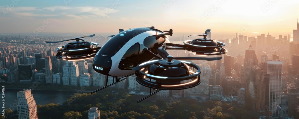 futuristic manned roto passenger drone flying in the sky over modern city for future air transportation and robotaxi concept as wide banner with copy space area - Generative AI - obrazy, fototapety, plakaty 