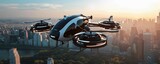 futuristic manned roto passenger drone flying in the sky over modern city for future air transportation and robotaxi concept as wide banner with copy space area - Generative AI