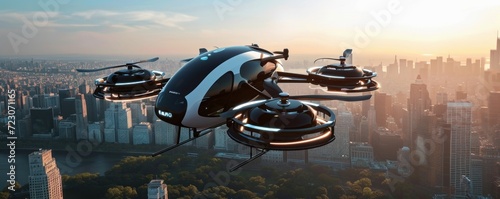 futuristic manned roto passenger drone flying in the sky over modern city for future air transportation and robotaxi concept as wide banner with copy space area - Generative AI