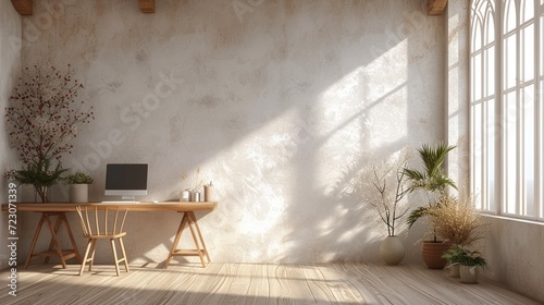A minimalist desk bathed in natural light, awaiting your creative touch photo