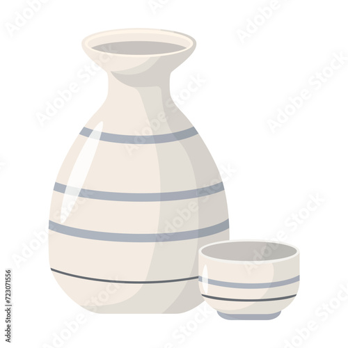 Sake ceramic bottle with cup. Vector illustration of alcoholic drink in cartoon flat style. Isolated on white background.
