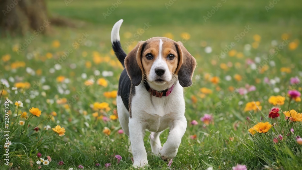 Tricolor beagle dog in flower field