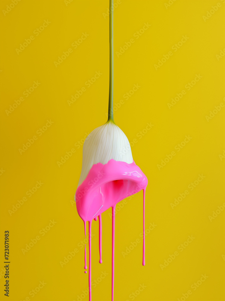 Calla flower with dripping pink paint on yellow background. Minimal spring concept with copy space. Calla flower with dripping pink paint on yellow background. Minimal spring concept with copy space.
