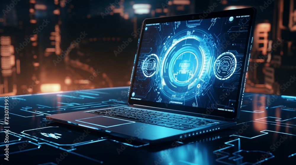 Futuristic interpretation of a secure cyber security service concept on a laptop, portrayed in high definition, showcasing advanced digital defense mechanisms. - obrazy, fototapety, plakaty 