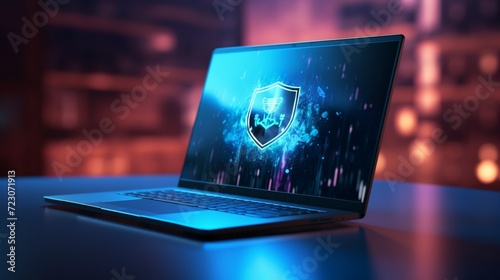 Futuristic depiction of a secure cyber security service concept on a laptop, captured in high definition, symbolizing robust defense against digital threats.