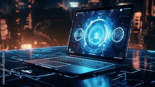 Futuristic interpretation of a secure cyber security service concept on a laptop, portrayed in high definition, showcasing advanced digital defense mechanisms. photo